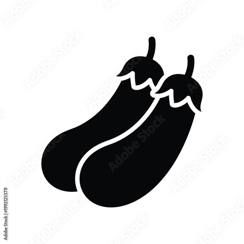 Bold black silhouette icon of two fresh eggplants for organic gardening and healthy food industry graphic design and branding elements