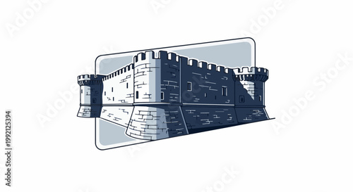 A stylized, dark blue castle with battlements, towers, and crenellations, shown against a light grey background