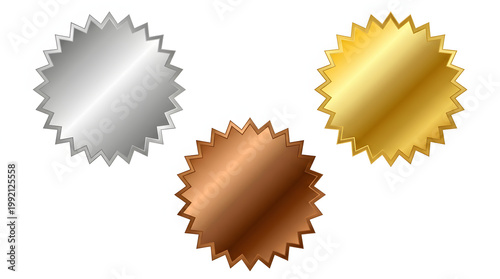 Three shiny metallic badges in gold, bronze, and silver on a white background