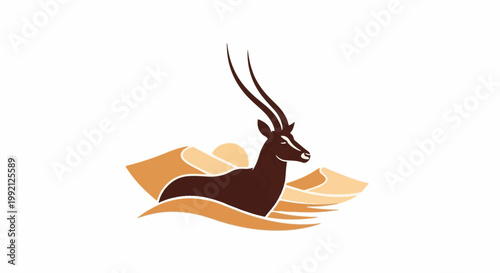 A stylized dark brown antelope with long, curved horns rests in a desert landscape