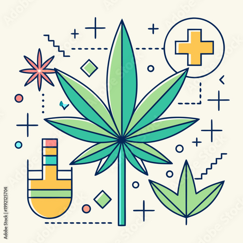 Cannabis Leaf with Medical Symbol and Science Graphics