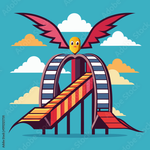 Cartoon bird with wings on a rollercoaster ride