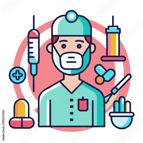 Cartoon Surgeon With Medical Instruments And Supplies