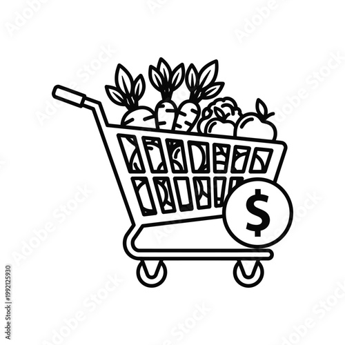 Shopping cart filled with fresh vegetables and fruits with a dollar sign icon isolated on white background for retail and food market themes in professional vector graphic design for business