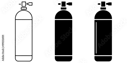Oxygen tank and gas cylinder icons in multiple styles representing respiratory support equipment, medical oxygen supply, and emergency breathing devices
