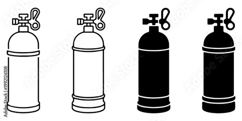 Oxygen tank and gas cylinder icons in multiple styles representing respiratory support equipment, medical oxygen supply, and emergency breathing devices