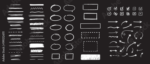 Hand drawn marker simple elements set. Grunge doodle underlines, check boxes, arrows and shapes. Vector illustration isolated on black background.