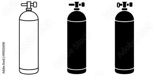Oxygen tank and gas cylinder icons in multiple styles representing respiratory support equipment, medical oxygen supply, and emergency breathing devices