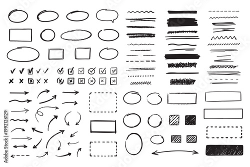 Hand drawn marker simple elements set. Grunge doodle underlines, check boxes, arrows and shapes. Vector illustration isolated on white background.