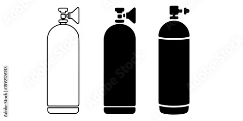 Oxygen tank and gas cylinder icons in multiple styles representing respiratory support equipment, medical oxygen supply, and emergency breathing devices