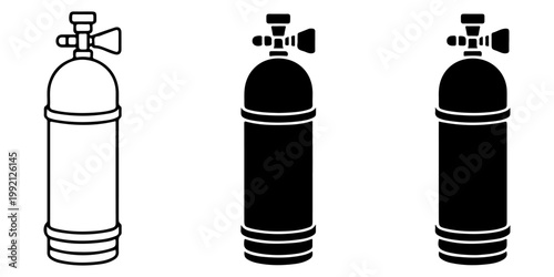 Oxygen tank and gas cylinder icons in multiple styles representing respiratory support equipment, medical oxygen supply, and emergency breathing devices