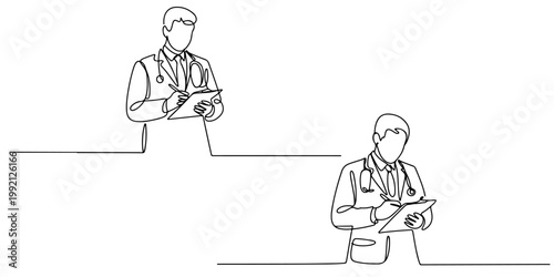 Minimal line art doctor writing on clipboard with stethoscope medical professional outline illustration Doctor character line art set standing and writing on clipboard minimal medical professional out