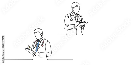 Minimal line art doctor writing on clipboard with stethoscope medical professional outline illustration Doctor character line art set standing and writing on clipboard minimal medical professional out
