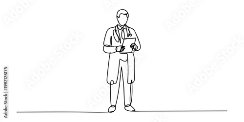 Minimal line art doctor writing on clipboard with stethoscope medical professional outline illustration Doctor character line art set standing and writing on clipboard minimal medical professional out