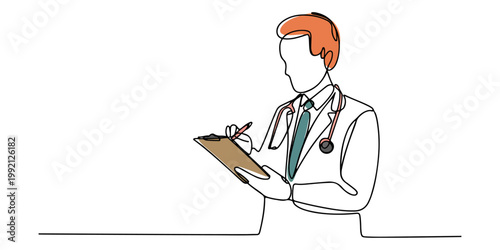 Minimal line art doctor writing on clipboard with stethoscope medical professional outline illustration Doctor character line art set standing and writing on clipboard minimal medical professional out