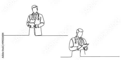 Minimal line art doctor writing on clipboard with stethoscope medical professional outline illustration Doctor character line art set standing and writing on clipboard minimal medical professional out