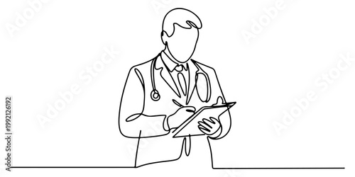 Minimal line art doctor writing on clipboard with stethoscope medical professional outline illustration Doctor character line art set standing and writing on clipboard minimal medical professional out