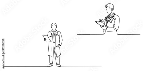 Minimal line art doctor writing on clipboard with stethoscope medical professional outline illustration Doctor character line art set standing and writing on clipboard minimal medical professional out
