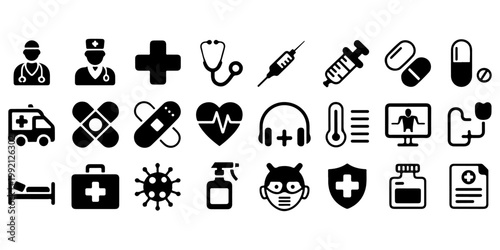 Medical icons collection set including ambulance syringe pills heart monitor mask and healthcare symbols solid glyph style