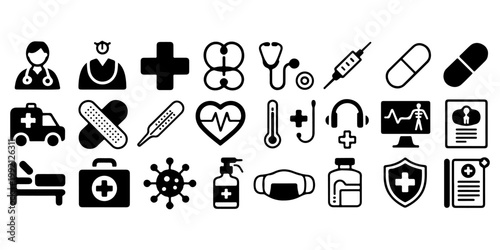 Medical icons collection set including ambulance syringe pills heart monitor mask and healthcare symbols solid glyph style