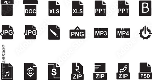 File type icons, document symbols, 25 file format logos, black and white