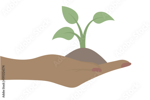Hand holds a handful of soil and a sprout with three leaves growing from it.