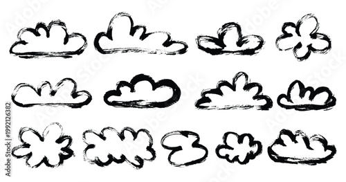 Grunge doodle clouds icon set. Hand drawn doodle chalk outline clouds set. Bold textured contour clouds collection. Vector paintbrush forecast symbols.