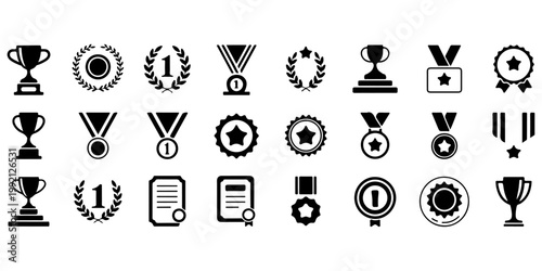 Trophy and award icons set including cups medals and winner symbols solid black silhouettes collection