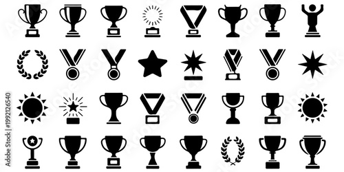Trophy and award icons set including cups medals and winner symbols solid black silhouettes collection