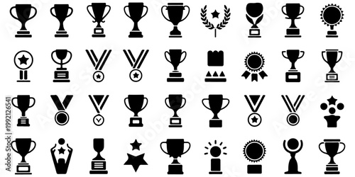 Trophy and award icons set including cups medals and winner symbols solid black silhouettes collection