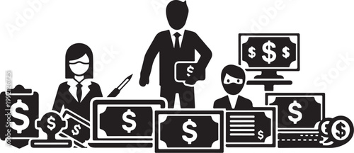 Business finance icons, money symbols, dollar signs, corporate wealth vector graphics