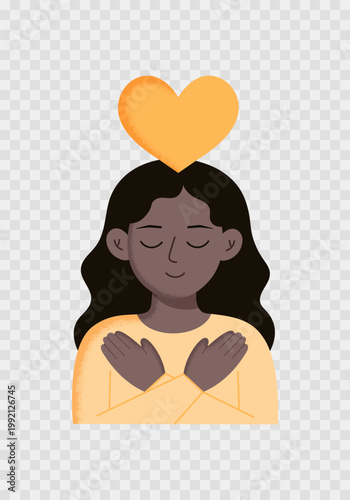Mental health icon with black girl hugs herself and heart idolated on transparent background. Element in yellow colours with grain texture. Self-care consept. Psychological help. Flat style. Vector 