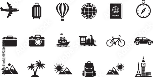 Travel icons, vacation symbols, tourism signs, 20 black vector graphics