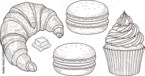 Hand Drawn Bakery Food Set with Croissant Burgers Cupcake and Butter Vintage Engraving Style Dessert and Fast Food Illustration
