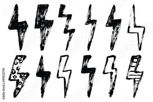Grunge Flash Thunder Icons Set. Brush stroke lightning bolt collection. Distressed textured marker drawn electric bold signs. Vector chalk thunderbolts shapes.