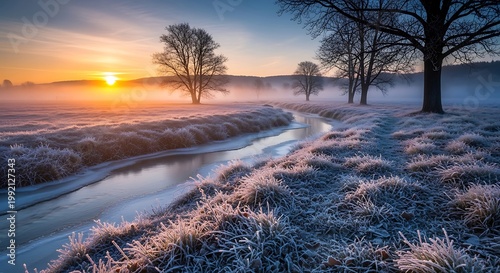 Serene misty sunrise over rural wetland with winding stream and bare trees in golden light