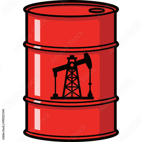 An oil barrel with a pumpjack illustration on its side outdoors