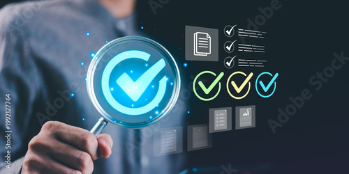 Quality auditor inspecting checklist and verifying compliance using digital tools, focusing on performance evaluation, and ensuring reliable and consistent business quality standards and operations.