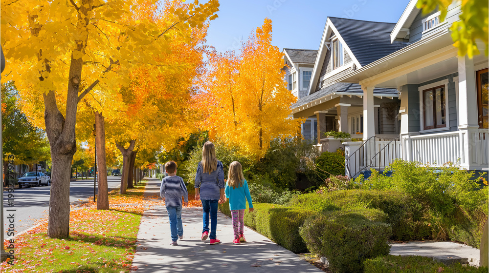 Obraz premium Children playing on a suburban sidewalk in front of well-maintained houses with autumn trees, family neighborhood lifestyle concept, residential community photography, with copy space
