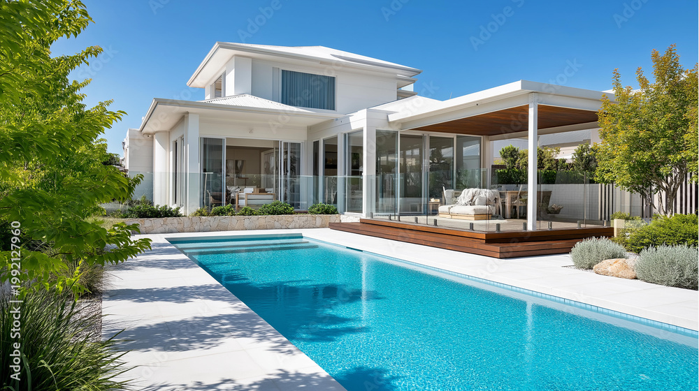 Fototapeta premium Modern suburban luxury home with swimming pool backyard in sunny daylight, outdoor lifestyle real estate concept, premium property photography, with copy space