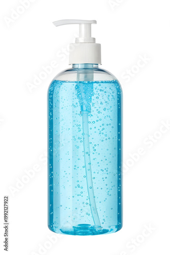 Clear hand sanitizer gel bottle with pump isolated on transparent background