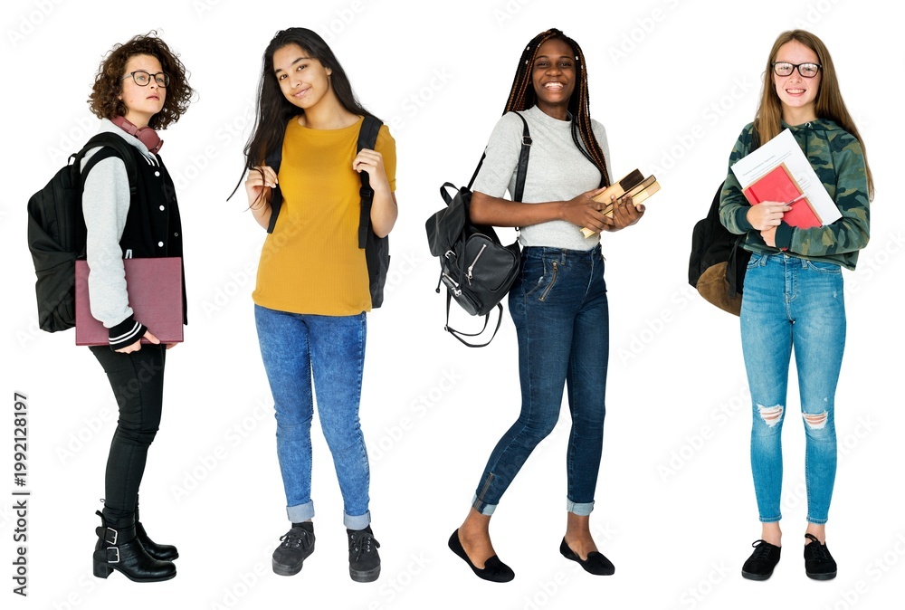 Obraz premium Diverse students smiling together isolated element set