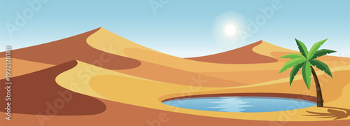 Desert oasis horizontal banner with palm tree and sunny sky