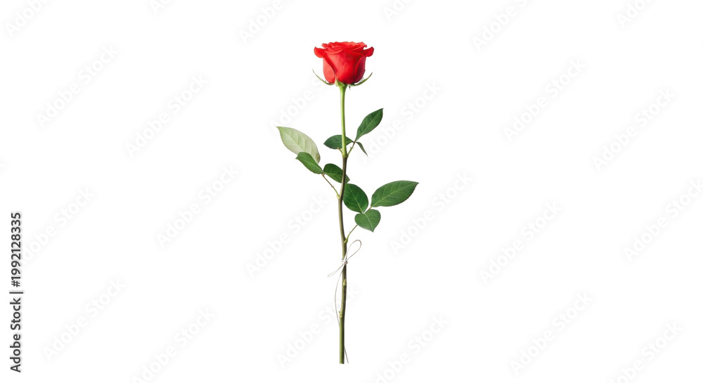 Obraz premium Elegant red rose with long green stem, single blooming flower for romantic gift, vibrant floral botanical element for wedding and anniversary isolated PNG with Transparent Background
