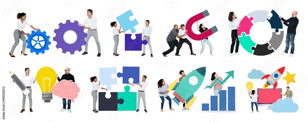 Fototapeta premium Teamwork collaboration puzzle success element set