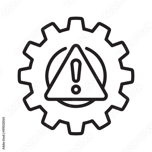 Gear icon with a warning triangle exclamation mark representing industrial technical errors, system failure, maintenance alerts, and mechanical process problems.