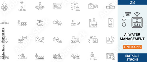 Modern AI water management outline icons for smart monitoring, analytics, and automation systems. Ideal for dashboards, apps, and sustainable infrastructure design.