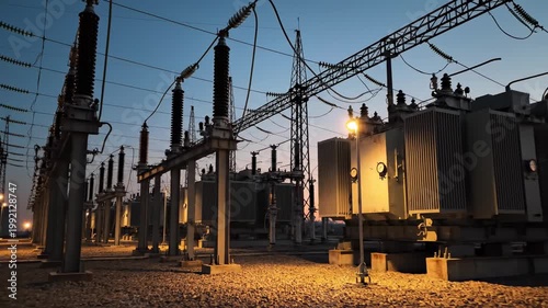 Electrical substation with large transformers and power lines at dusk
