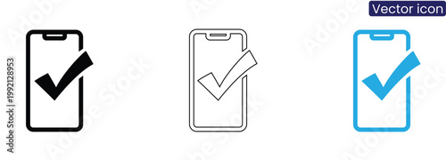 Vector icons of mobile phones with checkmarks on white background for app approval concept