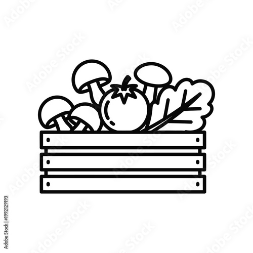 Wooden crate filled with fresh vegetables and mushrooms linear vector icon for farm food market